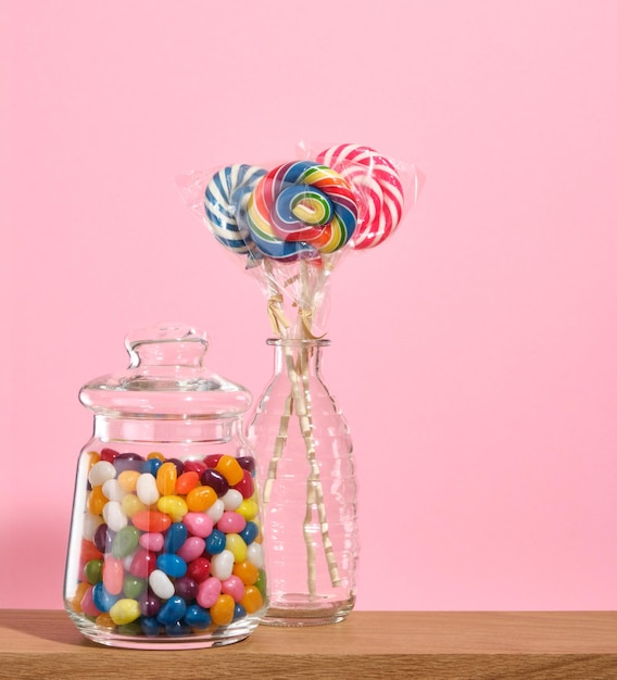 Different sweets on a pink background Colorful and bright candy lollipops Copy space for text