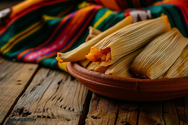 Foto diversi tamales in un piatto di argilla su una tovaglia con i colori della bandiera messicana