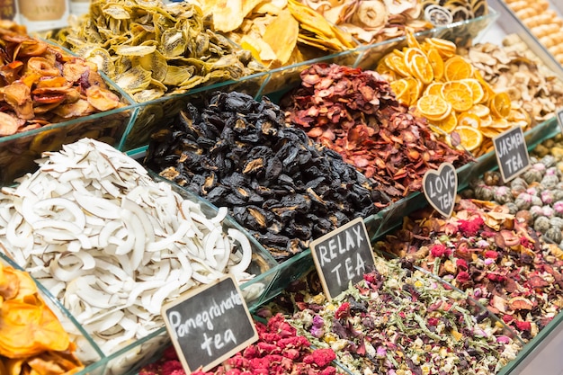 Different tea types. Egyptian market in Istanbul, Turkey.