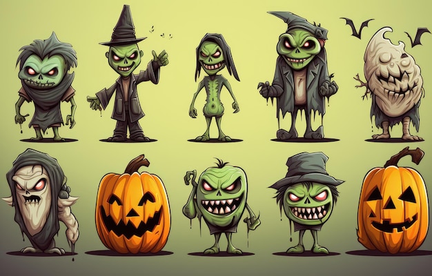 Different terrifying characters on a green background Halloween season Generative AI