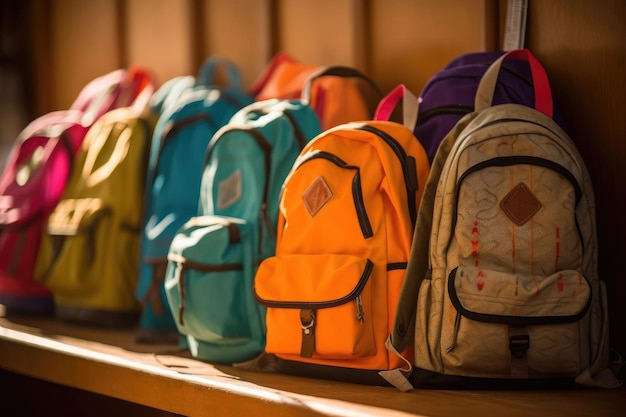 The different textures and colors of the backpacks worn by a group of multicultural children Generative AI