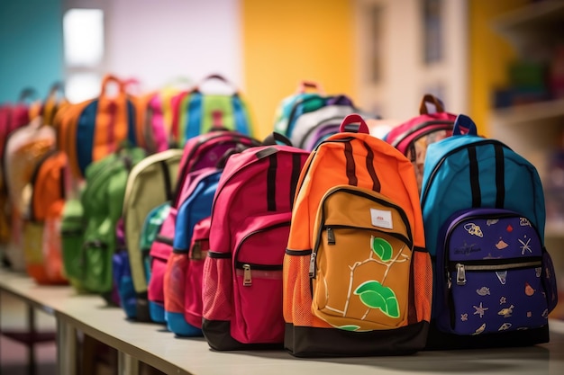 The different textures and colors of the backpacks worn by a group of multicultural children Generative AI