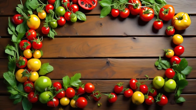 Different tomatoes along the edge of a wooden board blank for advertising Generative AI