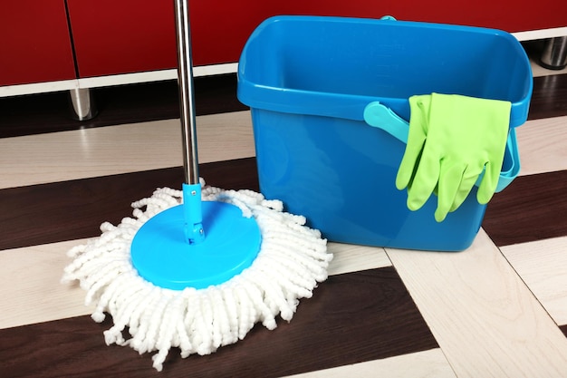 Different tools for cleaning in kitchen