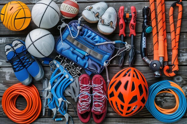 Photo different tools for sport on wooden background