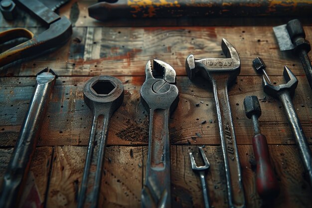 Different tools on a wooden background