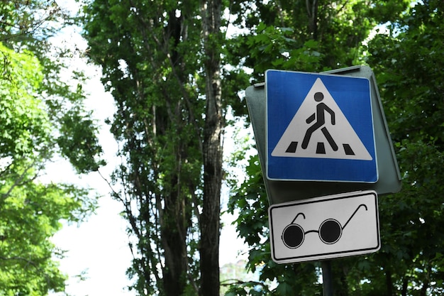 Different traffic signs near trees outdoors space for text