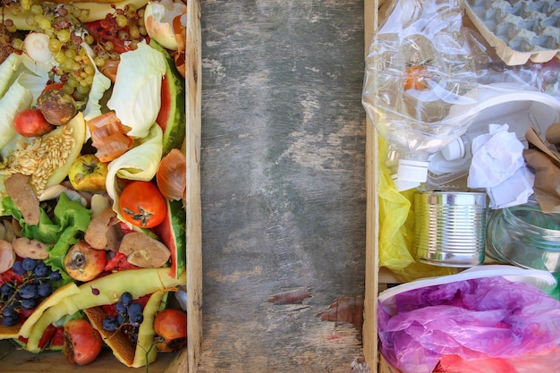 Different trash. Garbage sorting: iron, paper, plastic, domestic waste for compost from fruits and vegetables.