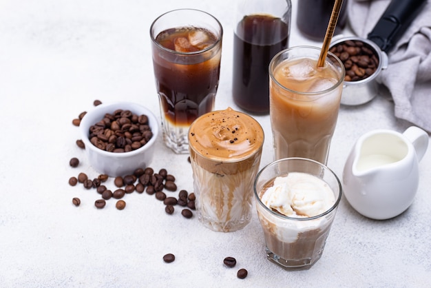 Different trendy cold coffee drink