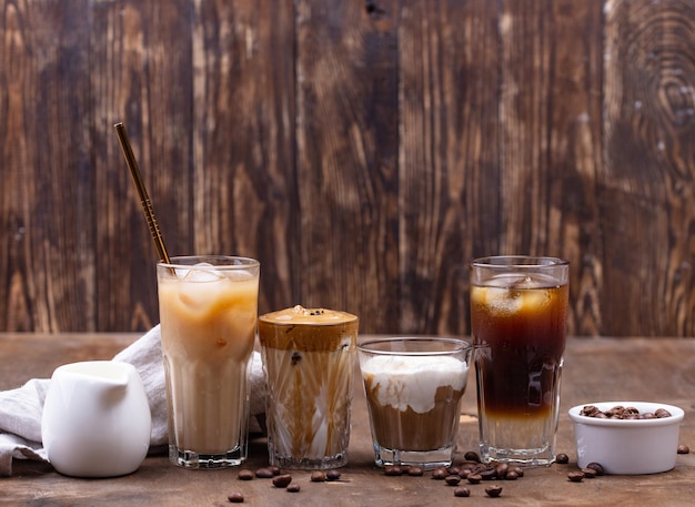 Different trendy cold coffee drink