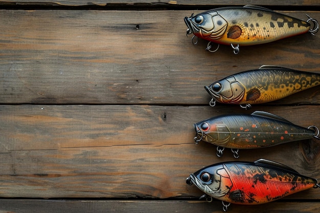 Different type of fishing lure on the corner of wooden backdrop