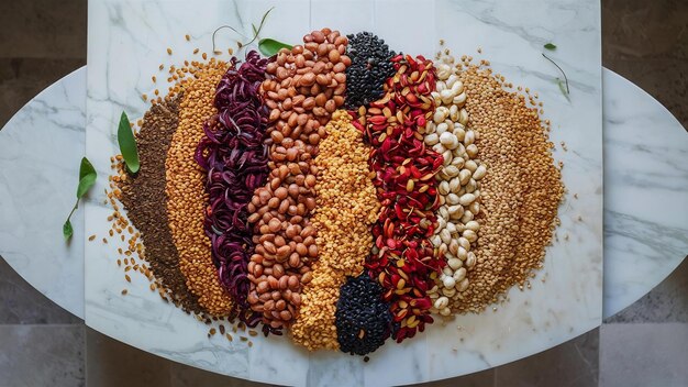 Different type of raw dry legumes composition on marble table surface