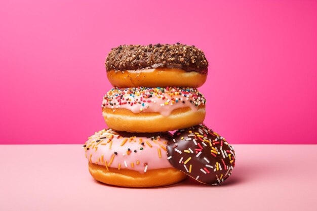 Different type of three donuts on stainless steel against pink background