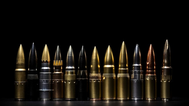 Different types of ammunition on a black background Sale of weapons and ammunition