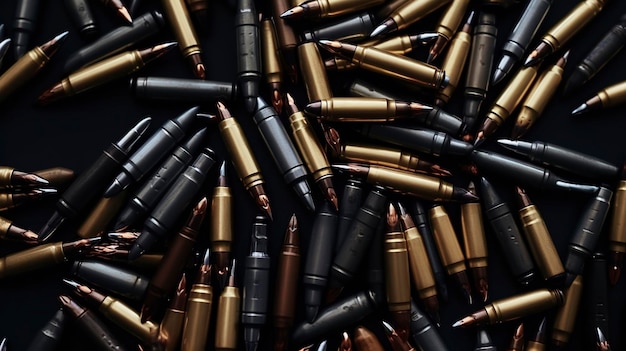 Different types of ammunition on a black background Sale of weapons and ammunition