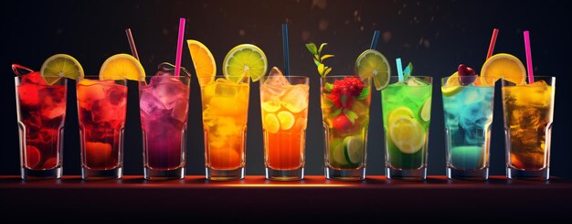 Different types of animated colorful fruit and iced cocktails