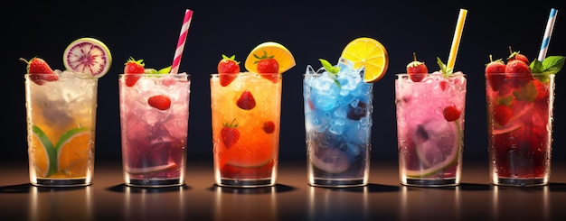 Different types of animated colorful fruit and iced cocktails