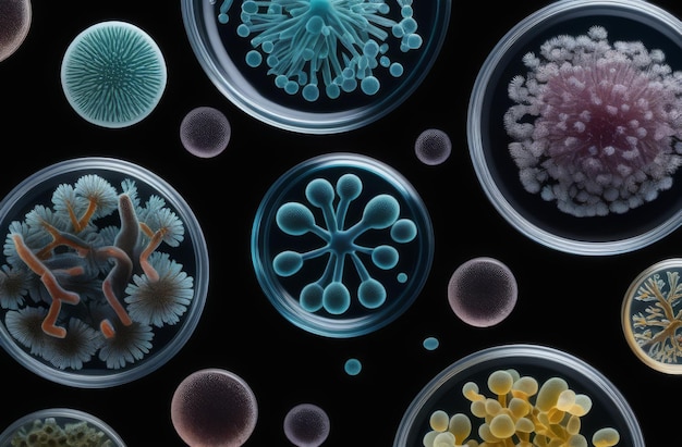 Photo different types of bacteria mold and fungi in petri dishes