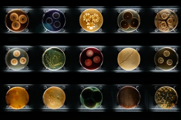 Different types of bacteria, molds and fungi in petri dishes