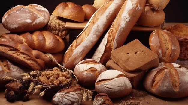 Different types of bread in the bakery Various bakery products Handmade Bakery Delights