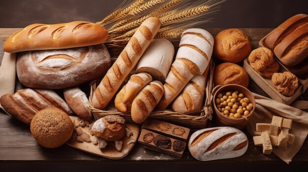 Different types of bread in the bakery Various bakery products Handmade Bakery Delights