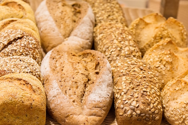 Different types of bread on the shelves