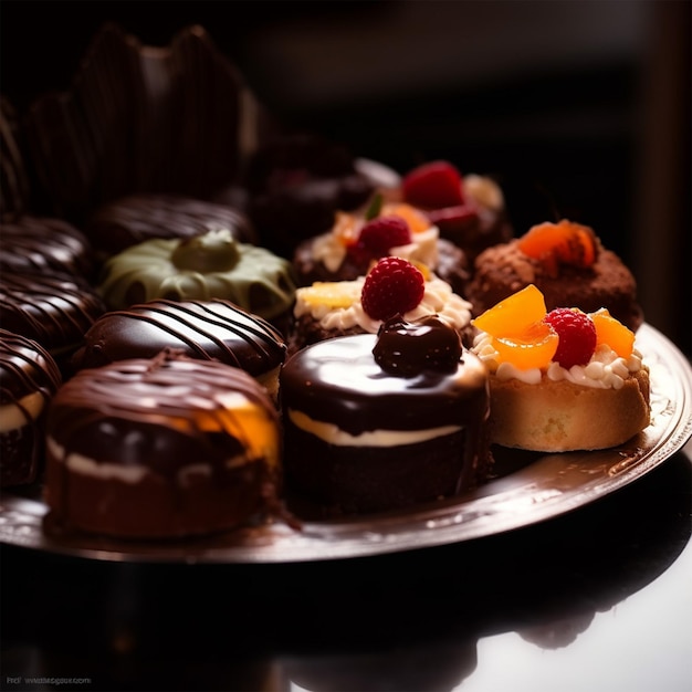 Foto diversi tipi di torte su un piatto e con decorazioni laterali