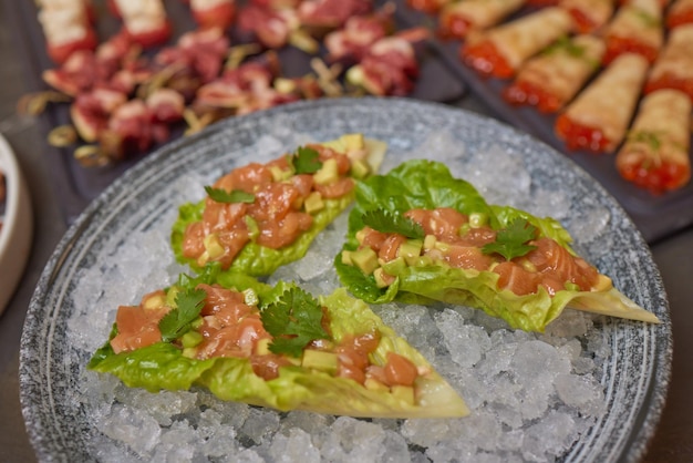 Different types of canapes on buffet table