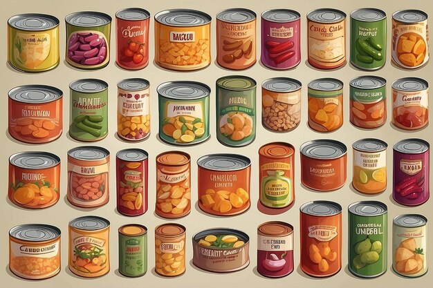 Different types of canned food illustration