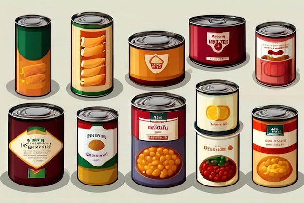 Different types of canned food illustration