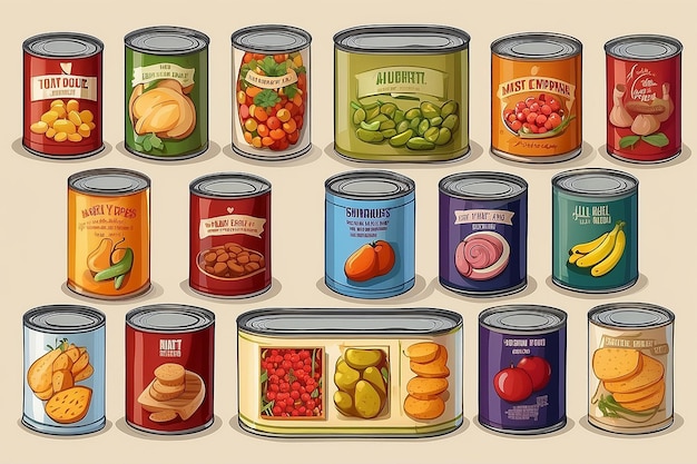 Different types of canned food illustration