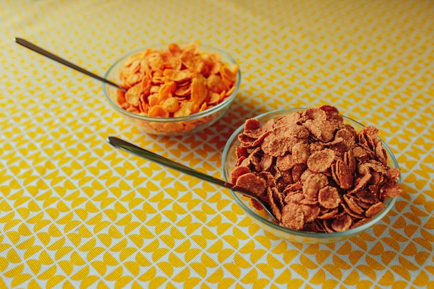 Different types of cereals with spoon in the glass plate. Healthy nutrition, healthy food on the table with dried flowers. Two plates with different cereals.