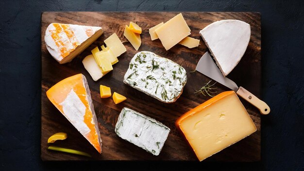 切り板の上にある様々な種類のチーズ