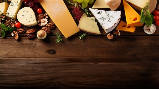 different types of cheese on wooden background