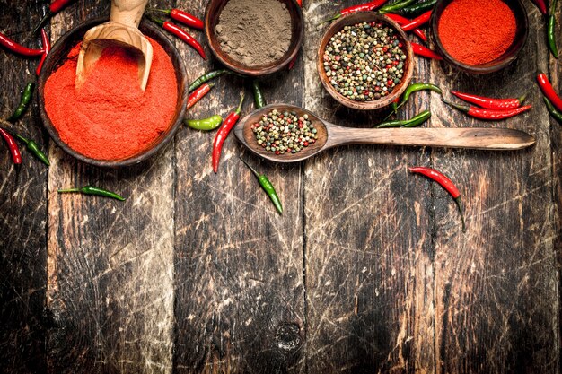 Different types of chili pepper in bowls