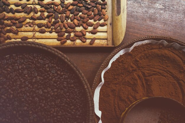 Different types of coffee beans on the plates