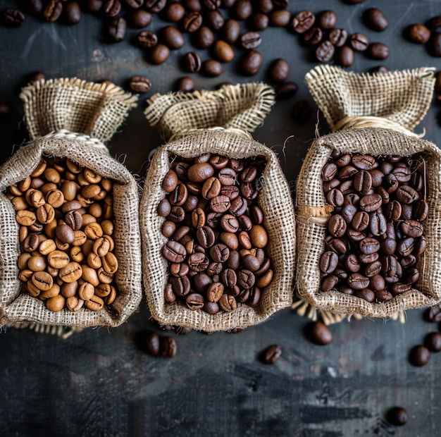 different types of coffee beans with beans bag