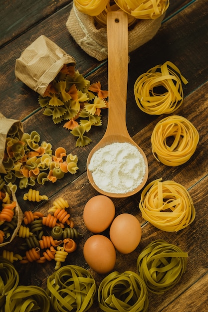 Different types of colored pasta 