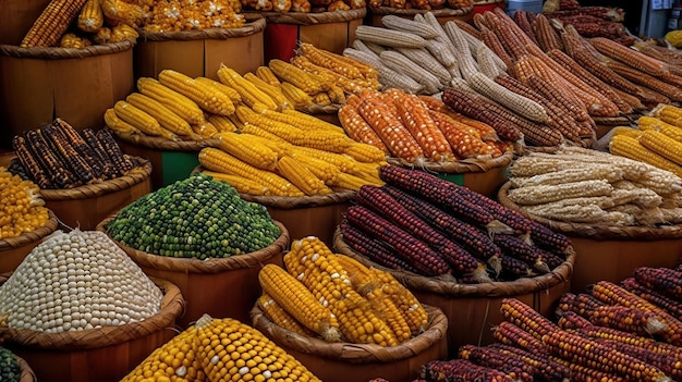 Photo different types of corn for sale in market generative ai