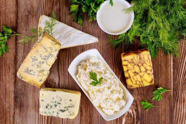 Different types of dairy product cheese, milk and cottage cheese