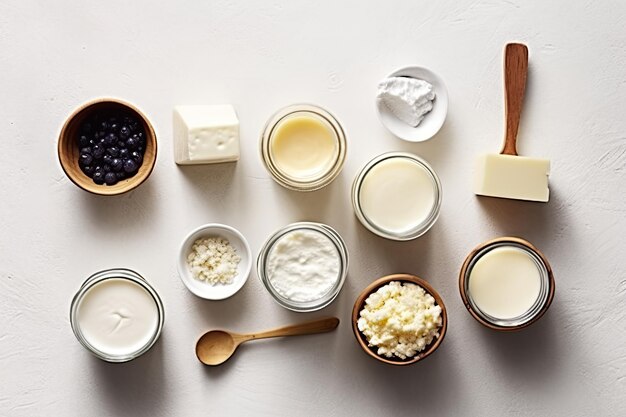 Photo different types of dairy products top view table background
