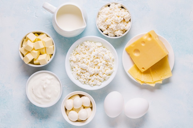 Different types of dairy products. Top view.