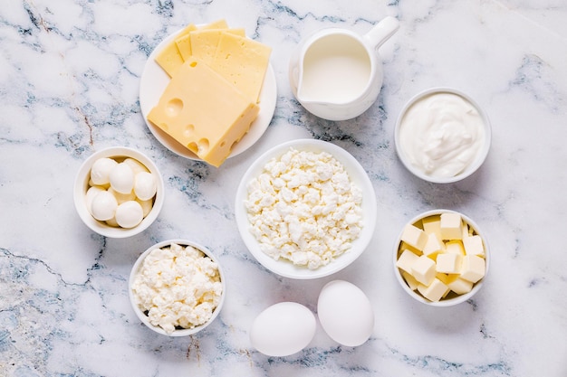 Different types of dairy products. Top view.