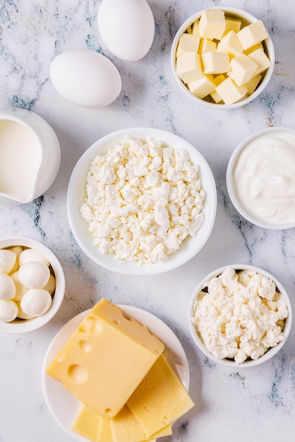 Different types of dairy products. Top view.