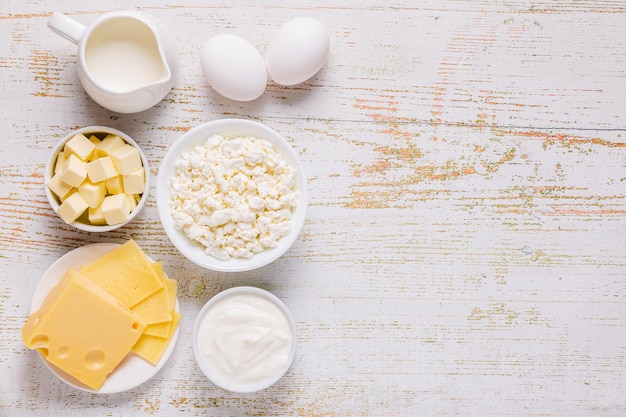 Different types of dairy products. Top view.