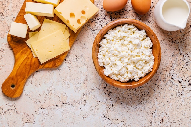 Different types of dairy products. Top view.