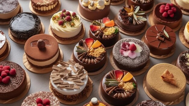 Different types of delicious cakes in pastry shop shop