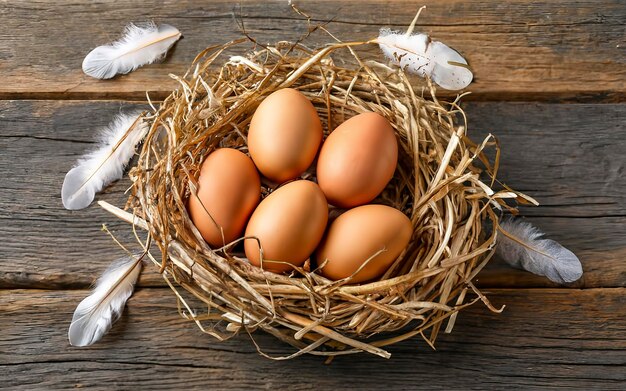 털과 함께 둥지를 짓는 다른 종류의 계란 나무 배경 부활절 개념