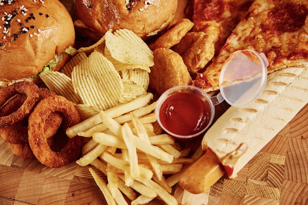 Different types of fast food on a table