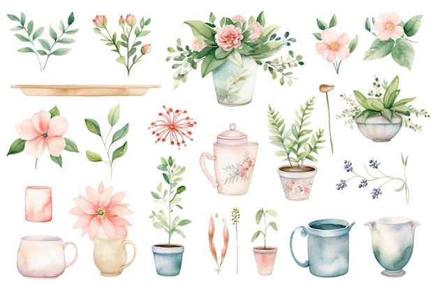 different types of flowers with pots isolated in white background